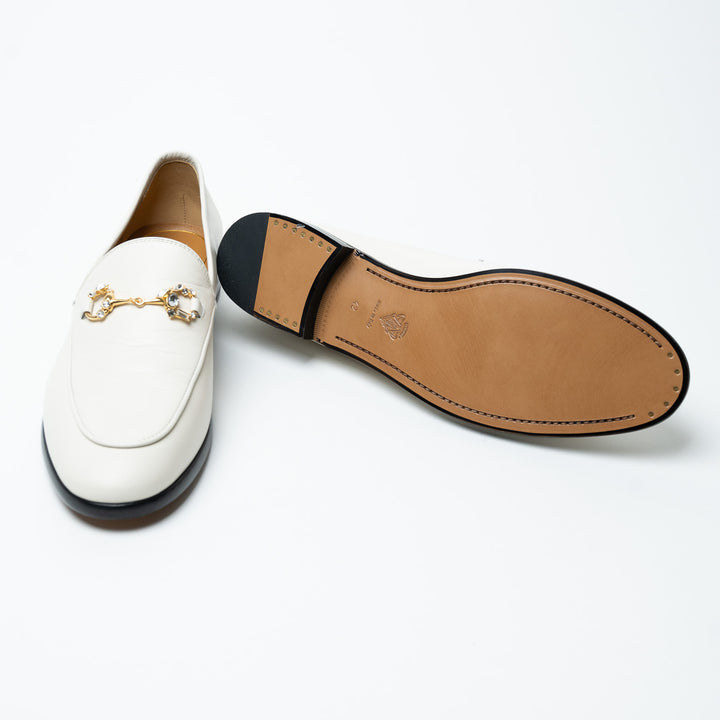 Gucci White Leather Loafers with Gold-Tone Crystal Embellished Horsebit Size 42