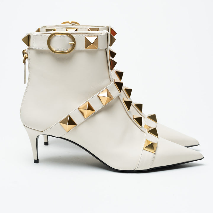 Valentino White Kitten Heel Leather Booties with Oversized Rockstuds Size 38