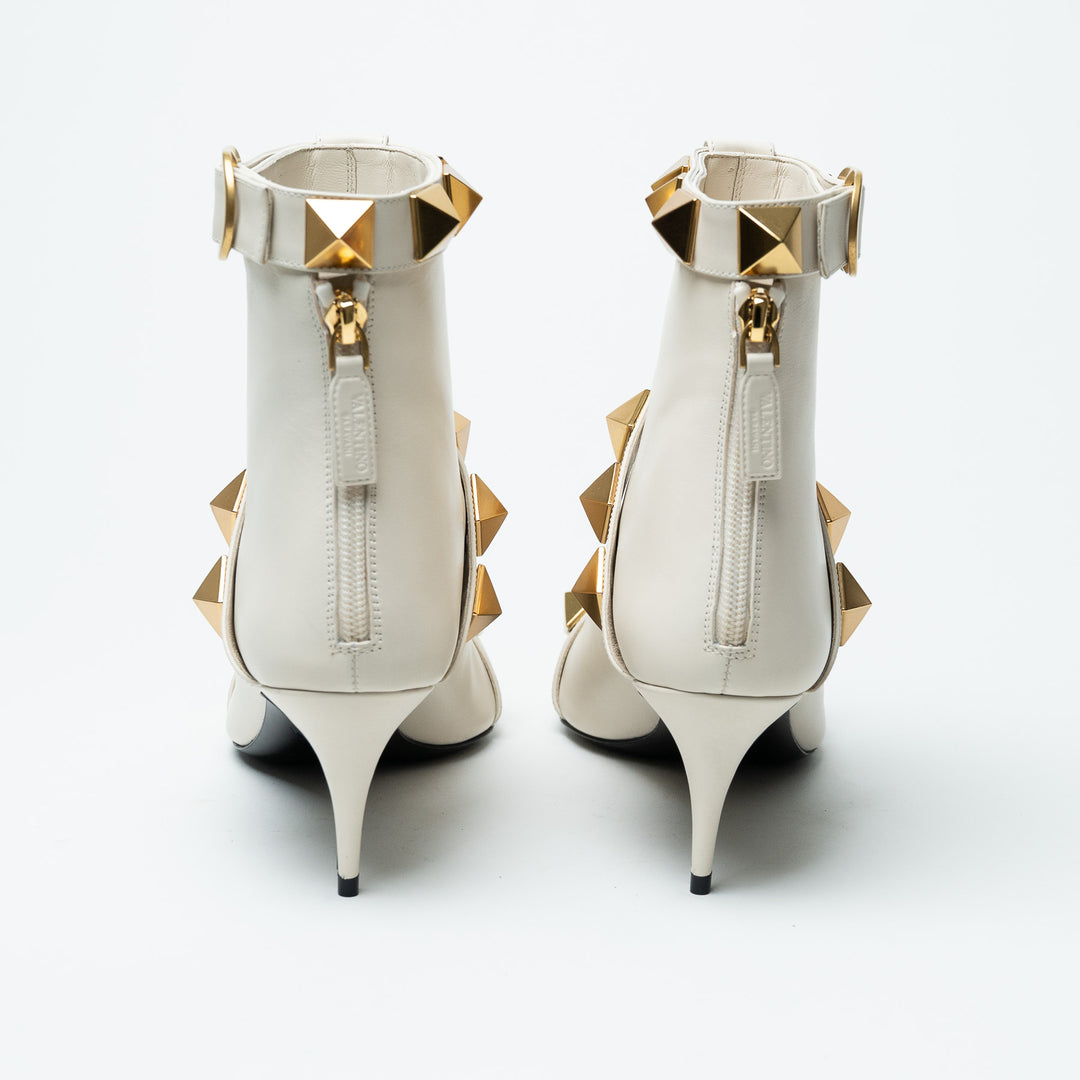 Valentino White Kitten Heel Leather Booties with Oversized Rockstuds Size 38