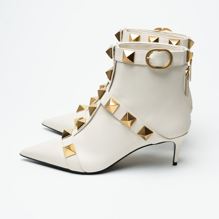 Valentino White Kitten Heel Leather Booties with Oversized Rockstuds Size 38