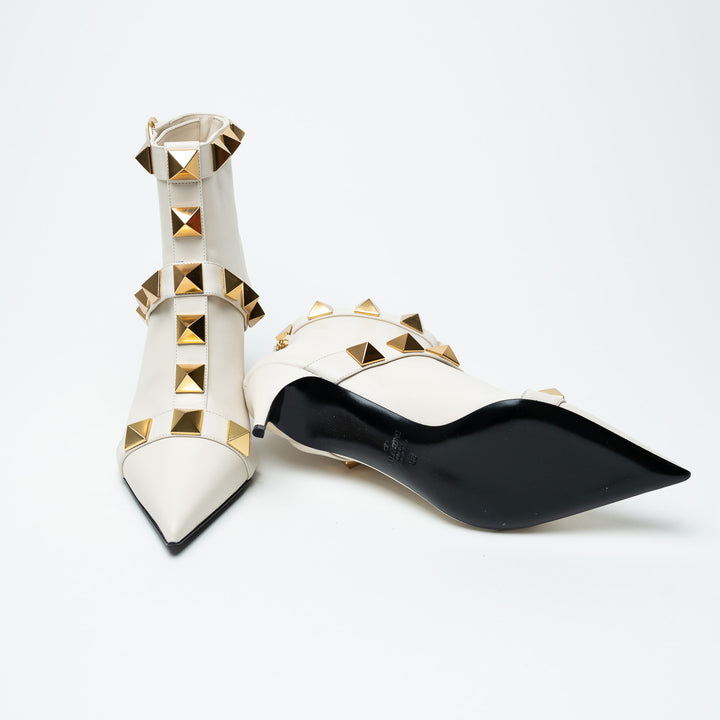 Valentino White Kitten Heel Leather Booties with Oversized Rockstuds Size 38