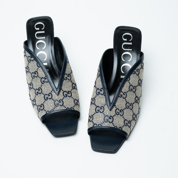 Gucci Navy Monogram and Crystal Peep Toe Mules Size 42