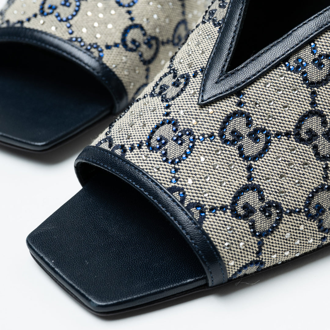 Gucci Navy Monogram and Crystal Peep Toe Mules Size 42
