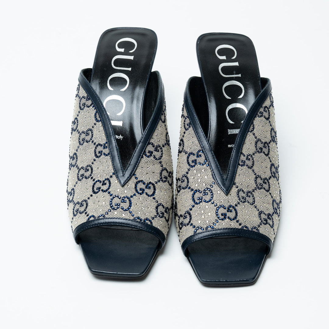 Gucci Navy Monogram and Crystal Peep Toe Mules Size 42