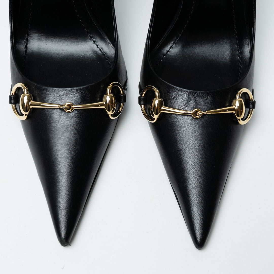 Gucci Black Leather Pointed Toe Horsebit Pumps Size 38.5