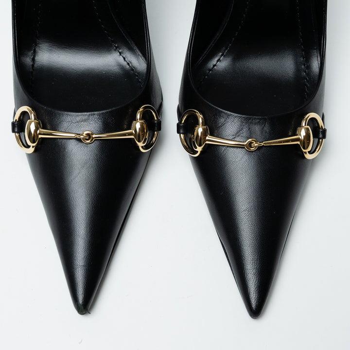 Gucci Black Leather Pointed Toe Horsebit Pumps Size 38.5