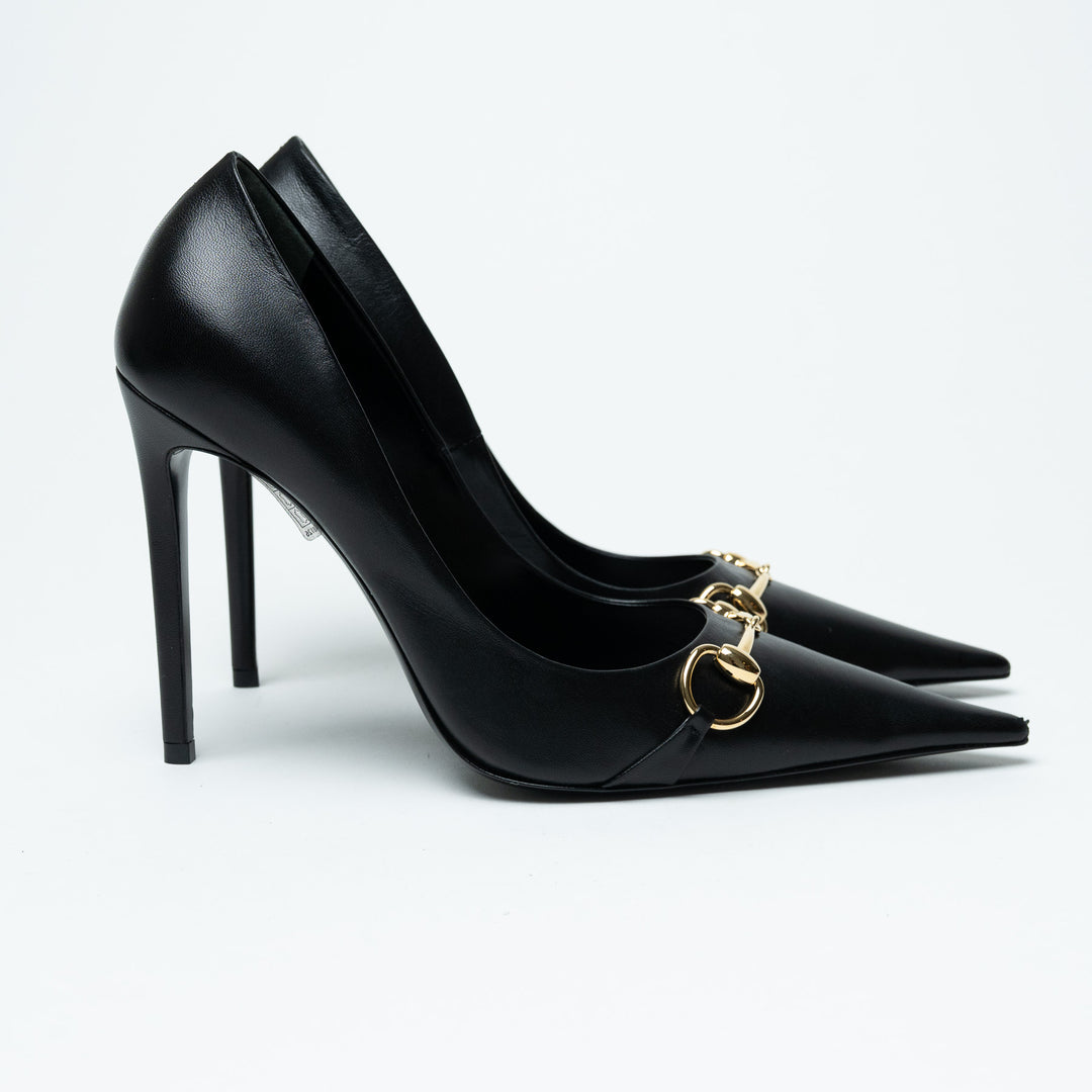 Gucci Black Leather Pointed Toe Horsebit Pumps Size 38.5