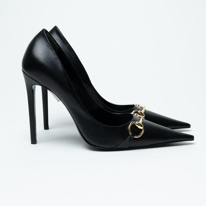 Gucci Black Leather Pointed Toe Horsebit Pumps Size 38.5