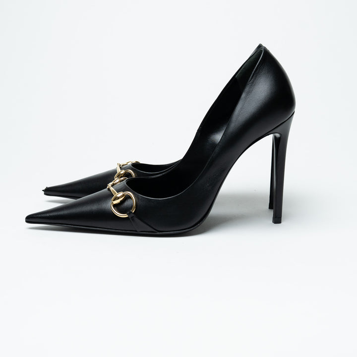 Gucci Black Leather Pointed Toe Horsebit Pumps Size 38.5