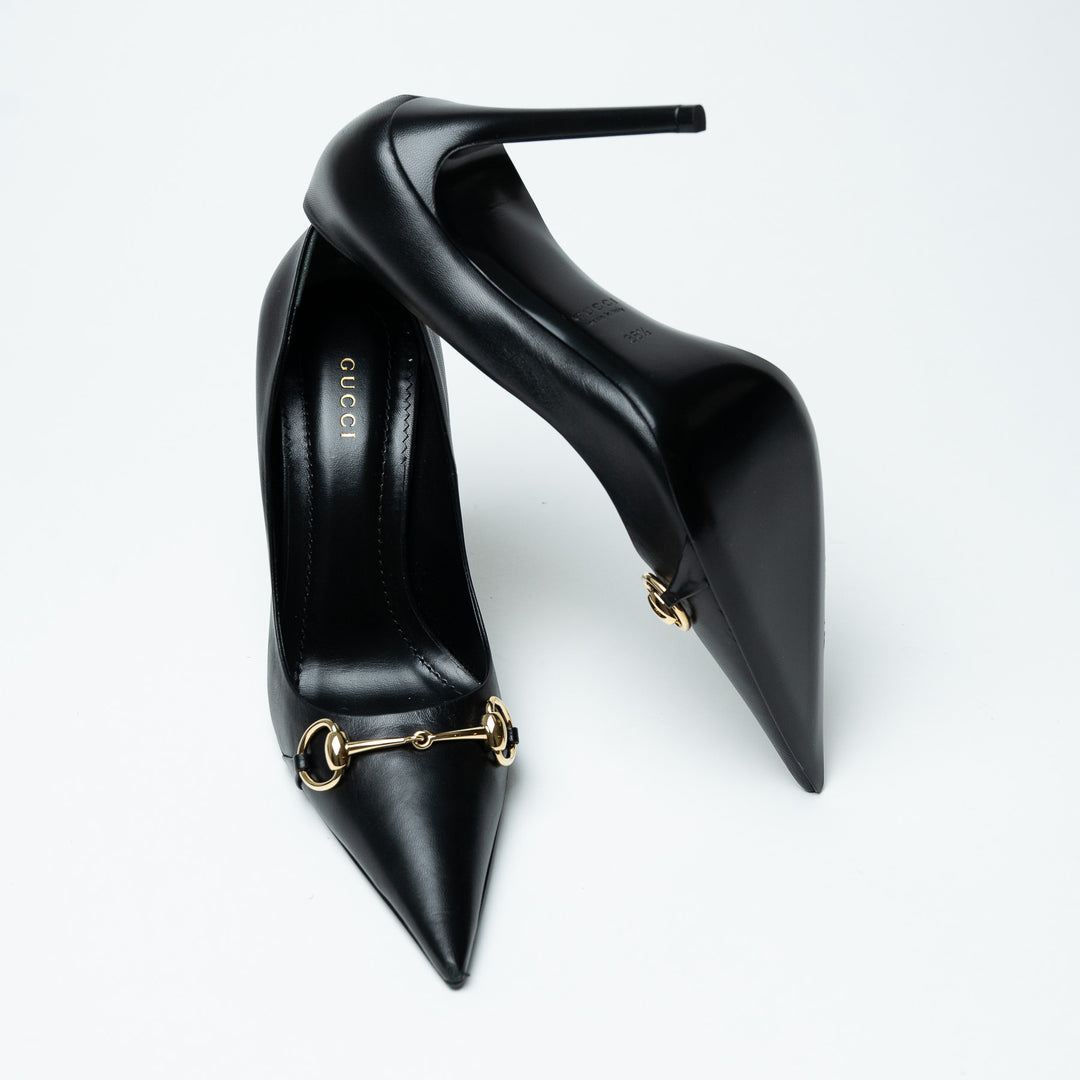 Gucci Black Leather Pointed Toe Horsebit Pumps Size 38.5