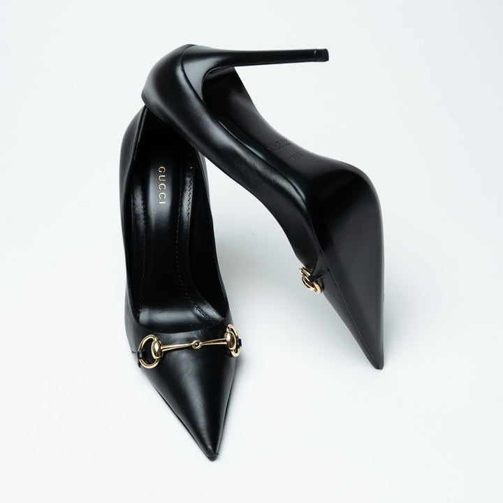 Gucci Black Leather Pointed Toe Horsebit Pumps Size 38.5