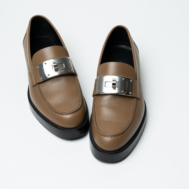 Hermes Calfskin Leather Hot Loafer in Brun Fume with Kelly Buckle Size 37