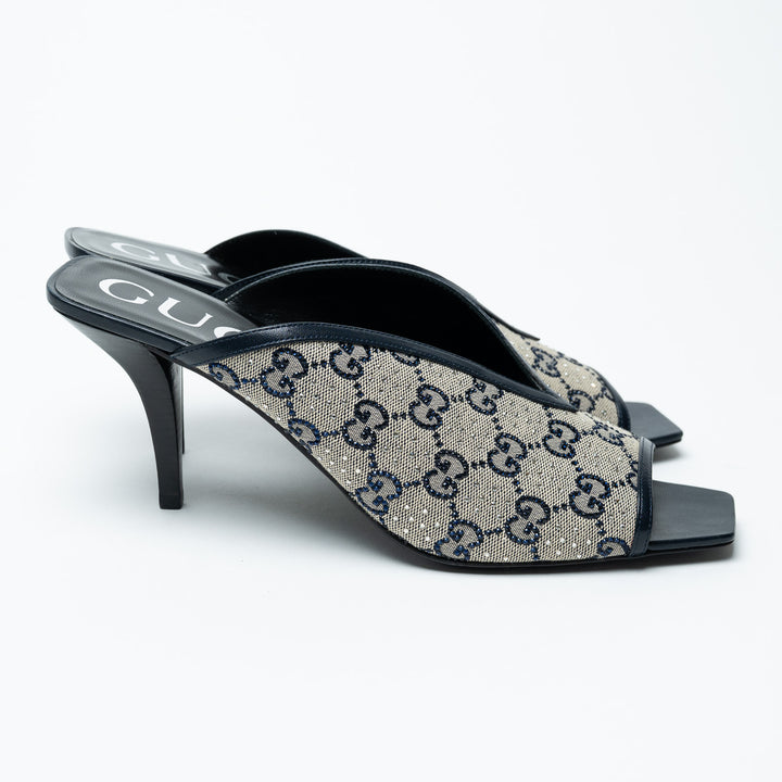 Gucci Navy Monogram and Crystal Peep Toe Mules Size 42
