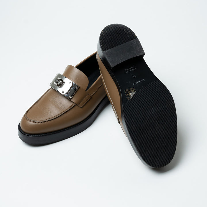 Hermes Calfskin Leather Hot Loafer in Brun Fume with Kelly Buckle Size 37