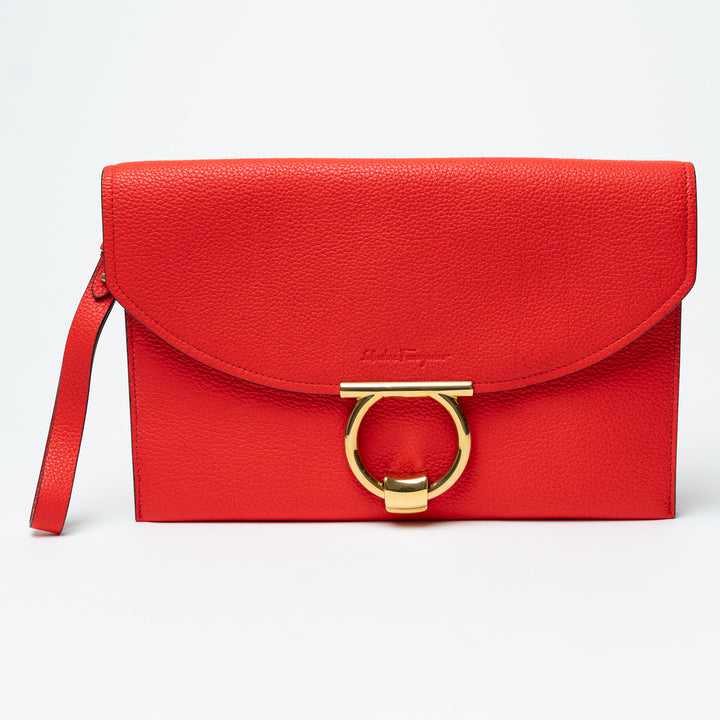Salvatore Ferragamo Red Grained Calfskin Leather Margot Gancini Clutch