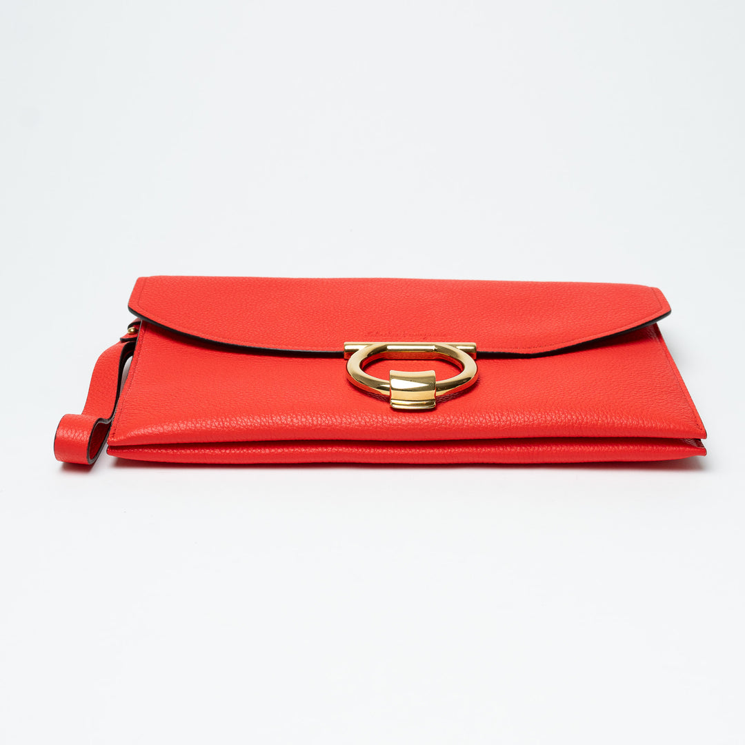 Salvatore Ferragamo Red Grained Calfskin Leather Margot Gancini Clutch