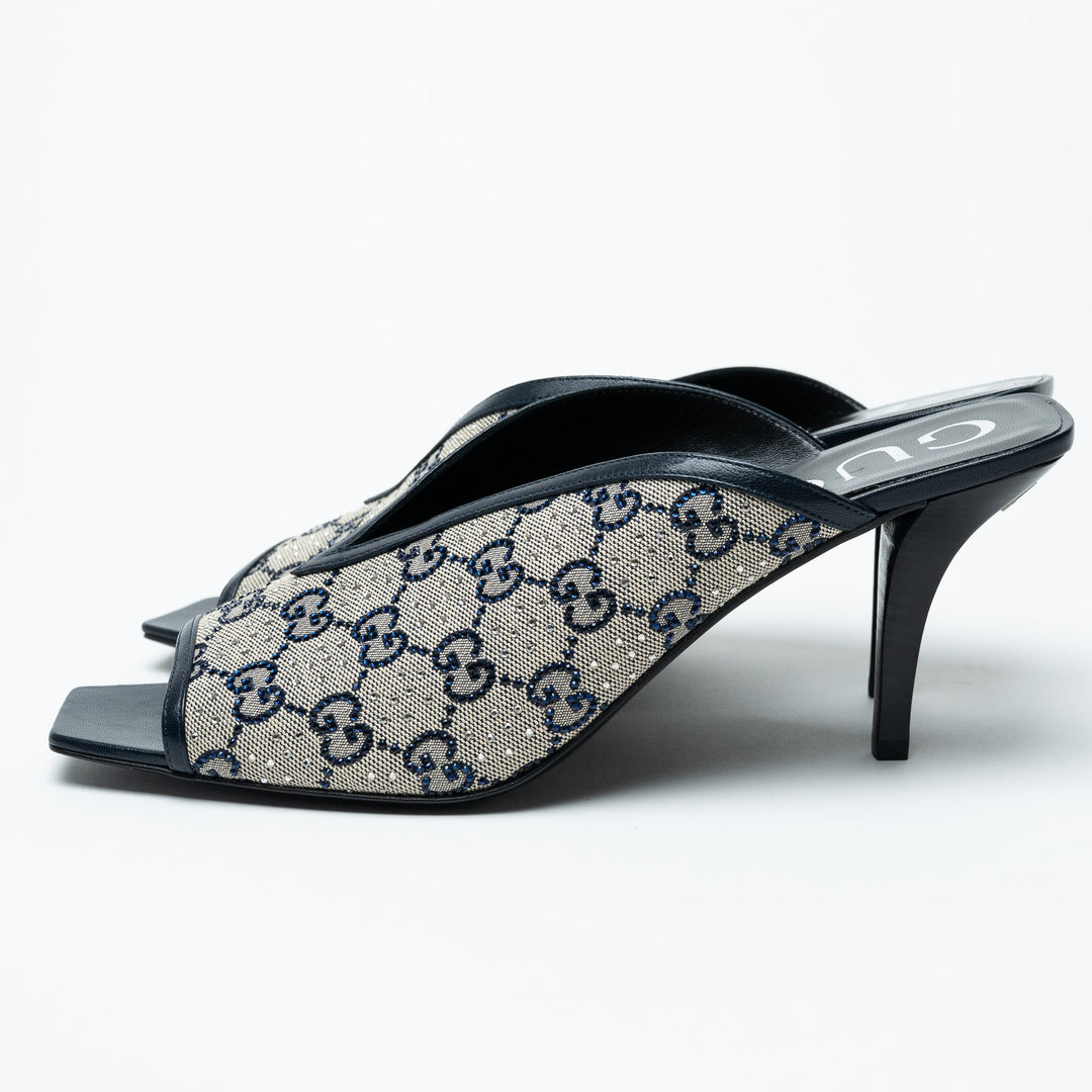 Gucci Navy Monogram and Crystal Peep Toe Mules Size 42