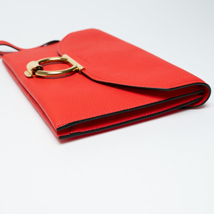 Salvatore Ferragamo Red Grained Calfskin Leather Margot Gancini Clutch