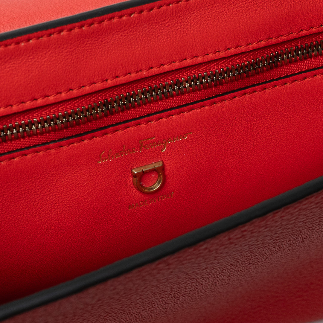 Salvatore Ferragamo Red Grained Calfskin Leather Margot Gancini Clutch