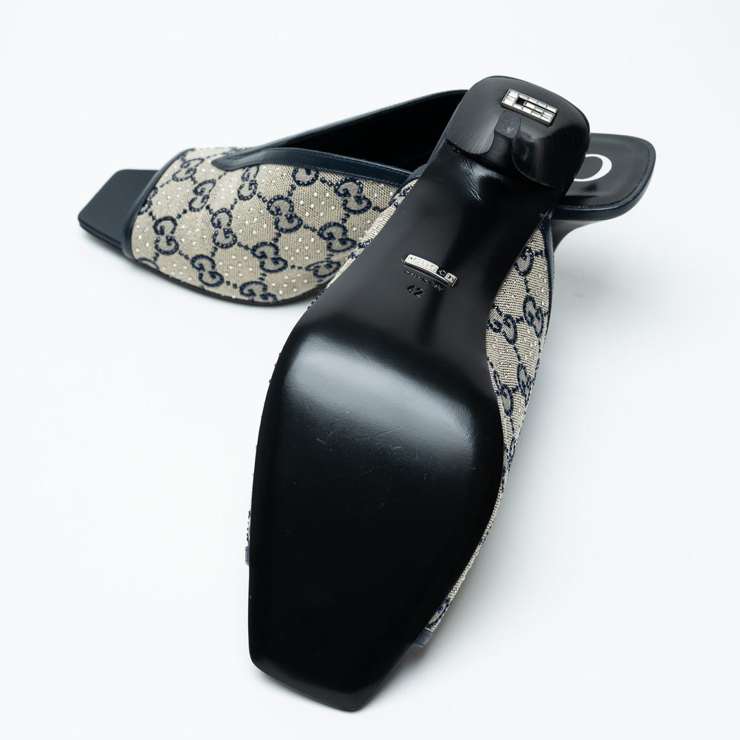 Gucci Navy Monogram and Crystal Peep Toe Mules Size 42