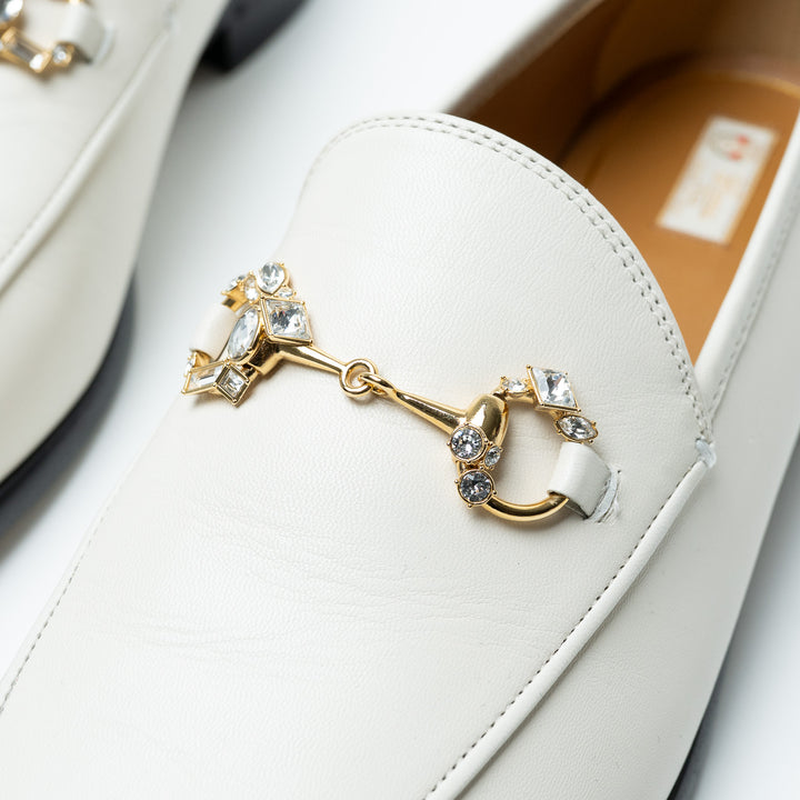 Gucci White Leather Loafers with Gold-Tone Crystal Embellished Horsebit Size 42