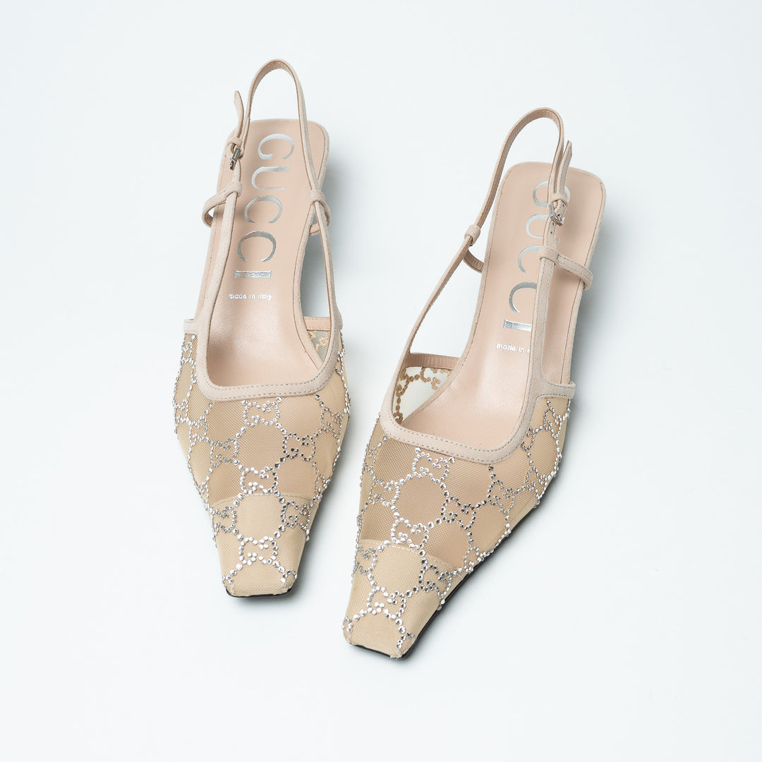 Gucci Ivory Mesh & Suede Crystal GG Kitten Heel Slingbacks Size 42