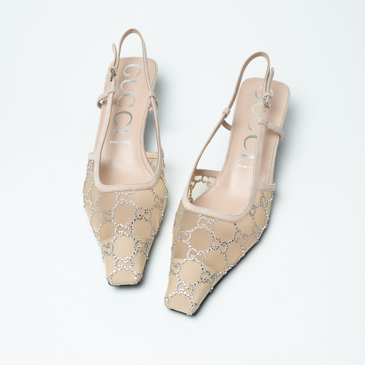 Gucci Ivory Mesh & Suede Crystal GG Kitten Heel Slingbacks Size 42