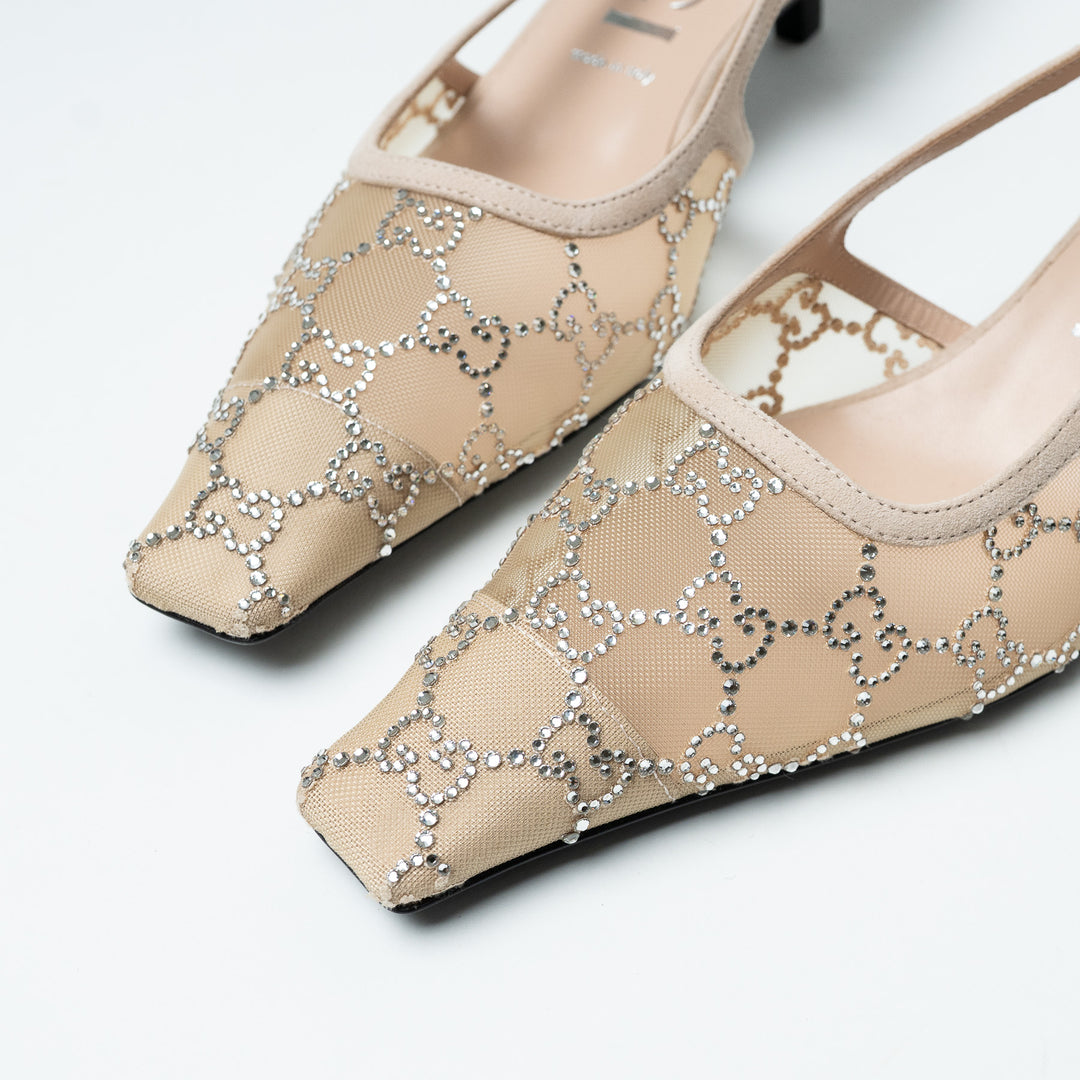 Gucci Ivory Mesh & Suede Crystal GG Kitten Heel Slingbacks Size 42