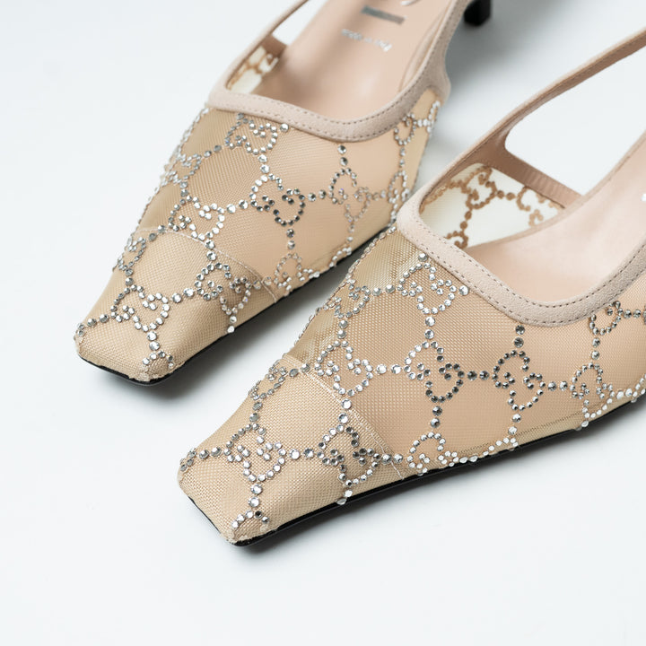 Gucci Ivory Mesh & Suede Crystal GG Kitten Heel Slingbacks Size 42