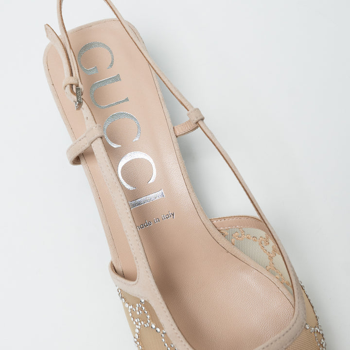 Gucci Ivory Mesh & Suede Crystal GG Kitten Heel Slingbacks Size 42