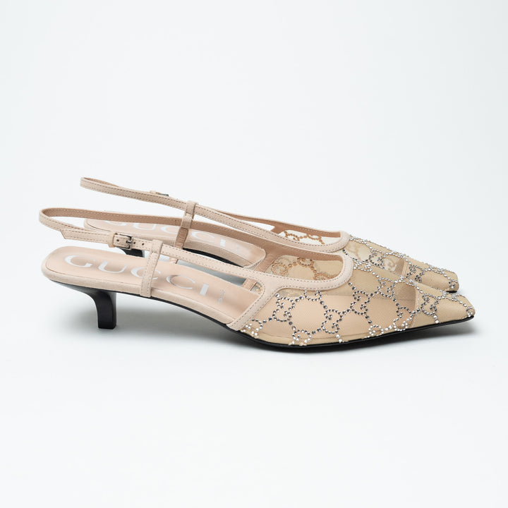 Gucci Ivory Mesh & Suede Crystal GG Kitten Heel Slingbacks Size 42
