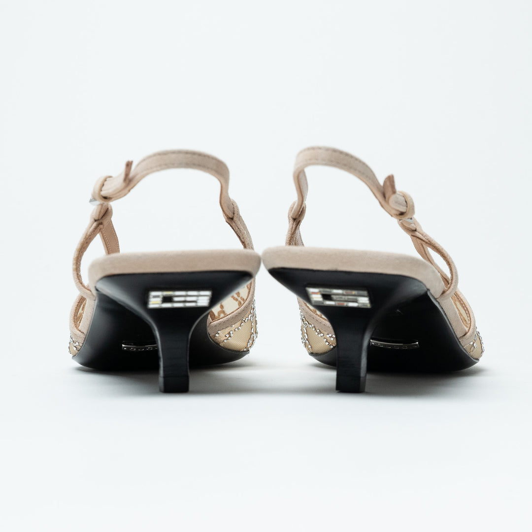 Gucci Ivory Mesh & Suede Crystal GG Kitten Heel Slingbacks Size 42
