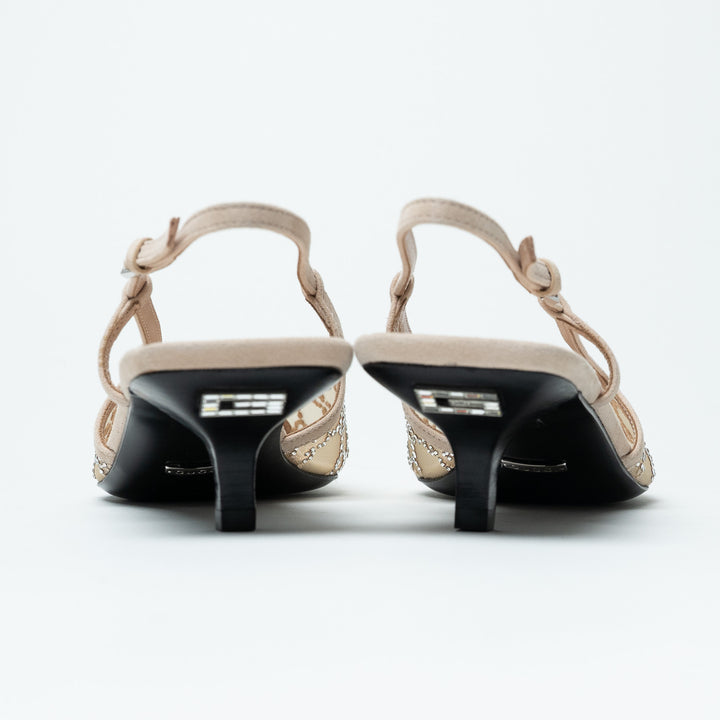 Gucci Ivory Mesh & Suede Crystal GG Kitten Heel Slingbacks Size 42