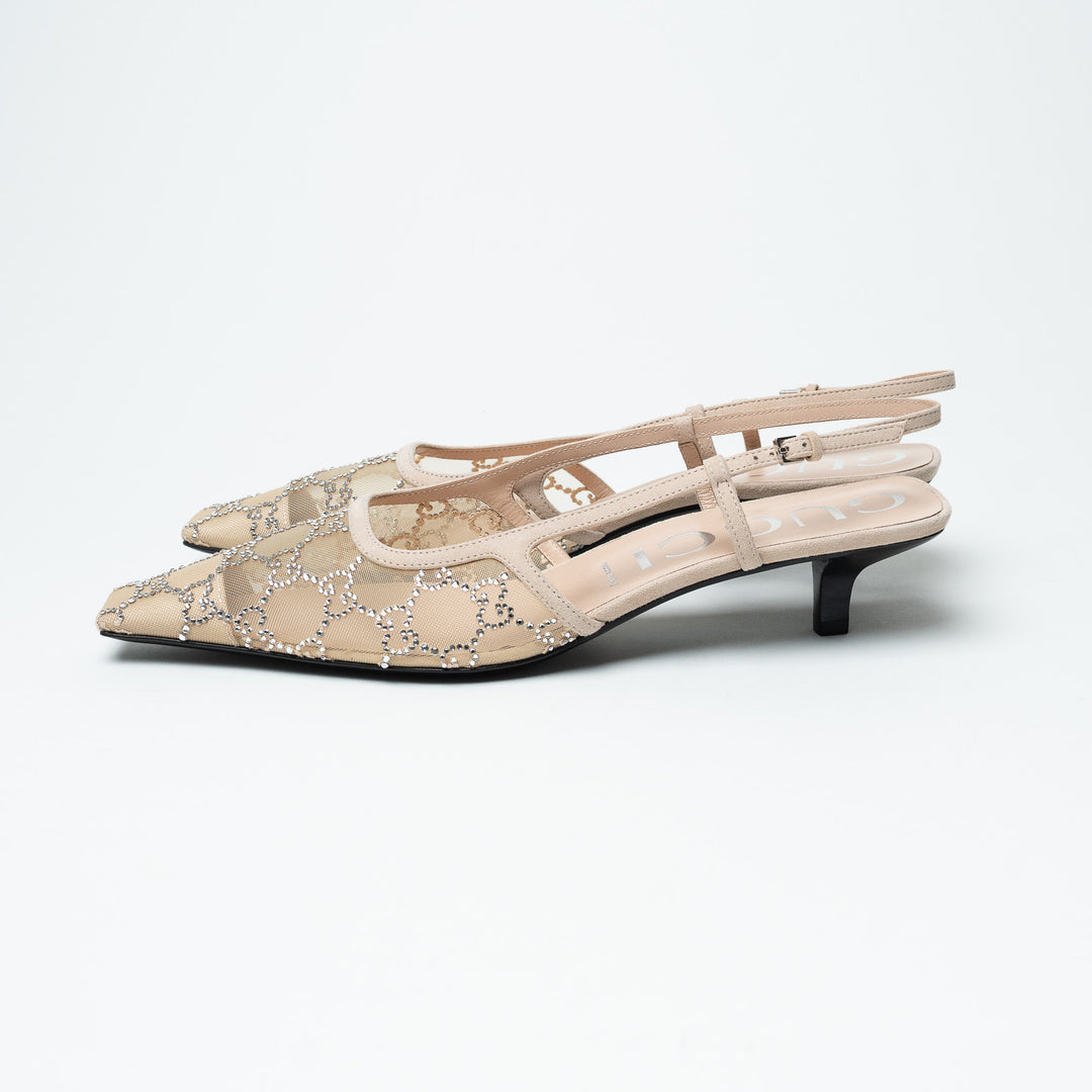 Gucci Ivory Mesh & Suede Crystal GG Kitten Heel Slingbacks Size 42