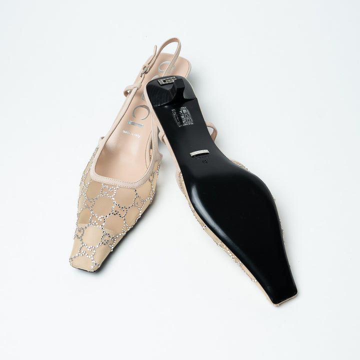 Gucci Ivory Mesh & Suede Crystal GG Kitten Heel Slingbacks Size 42