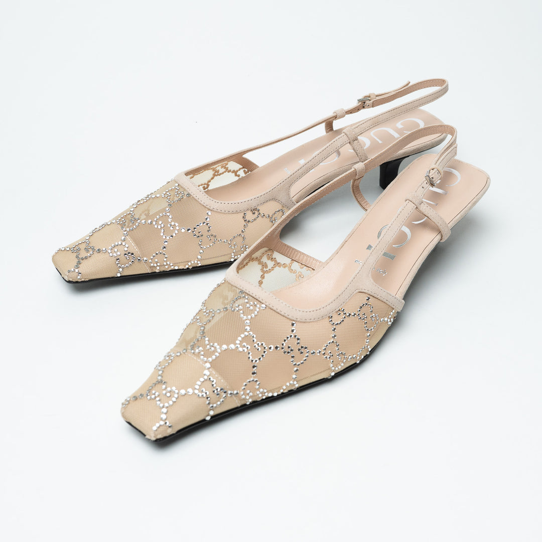 Gucci Ivory Mesh & Suede Crystal GG Kitten Heel Slingbacks Size 42