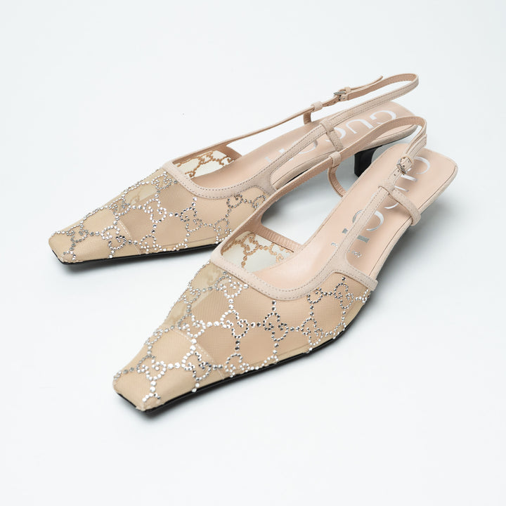 Gucci Ivory Mesh & Suede Crystal GG Kitten Heel Slingbacks Size 42