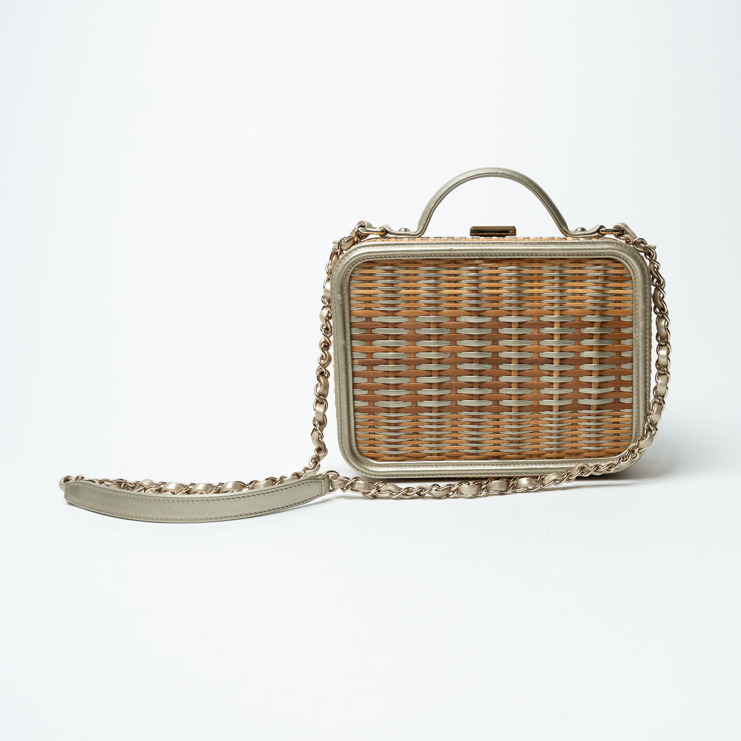 Pre-Loved Chanel™ Rattan and Gold Calfskin Leather Wicker Filigree Vanity Case