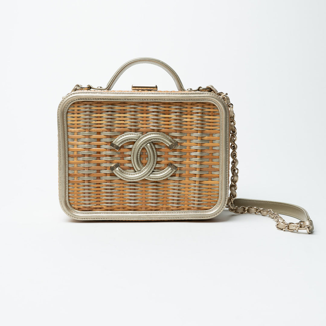 Pre-Loved Chanel™ Rattan and Gold Calfskin Leather Wicker Filigree Vanity Case