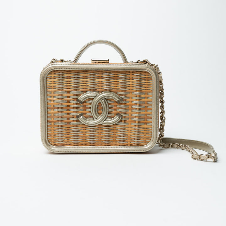 Pre-Loved Chanel™ Rattan and Gold Calfskin Leather Wicker Filigree Vanity Case