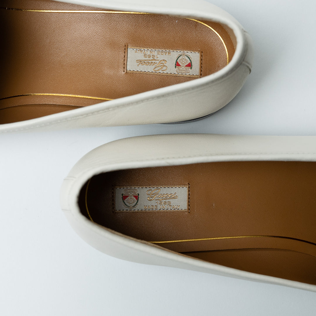 Gucci White Leather Loafers with Gold-Tone Crystal Embellished Horsebit Size 42