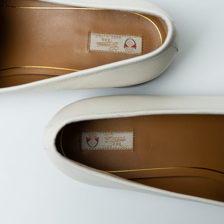 Gucci White Leather Loafers with Gold-Tone Crystal Embellished Horsebit Size 42