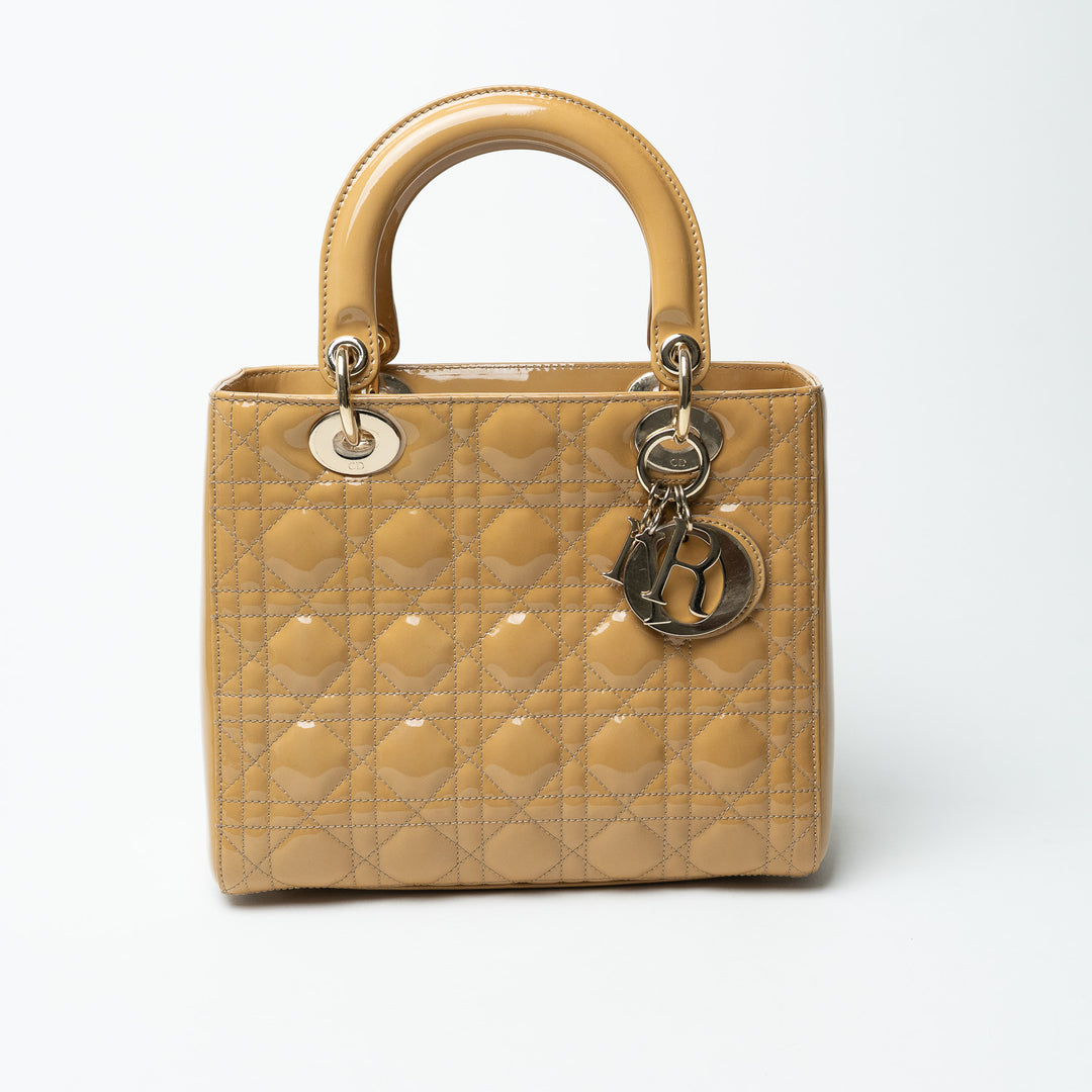 Dior Tan Patent Leather Medium Lady Dior Handbag