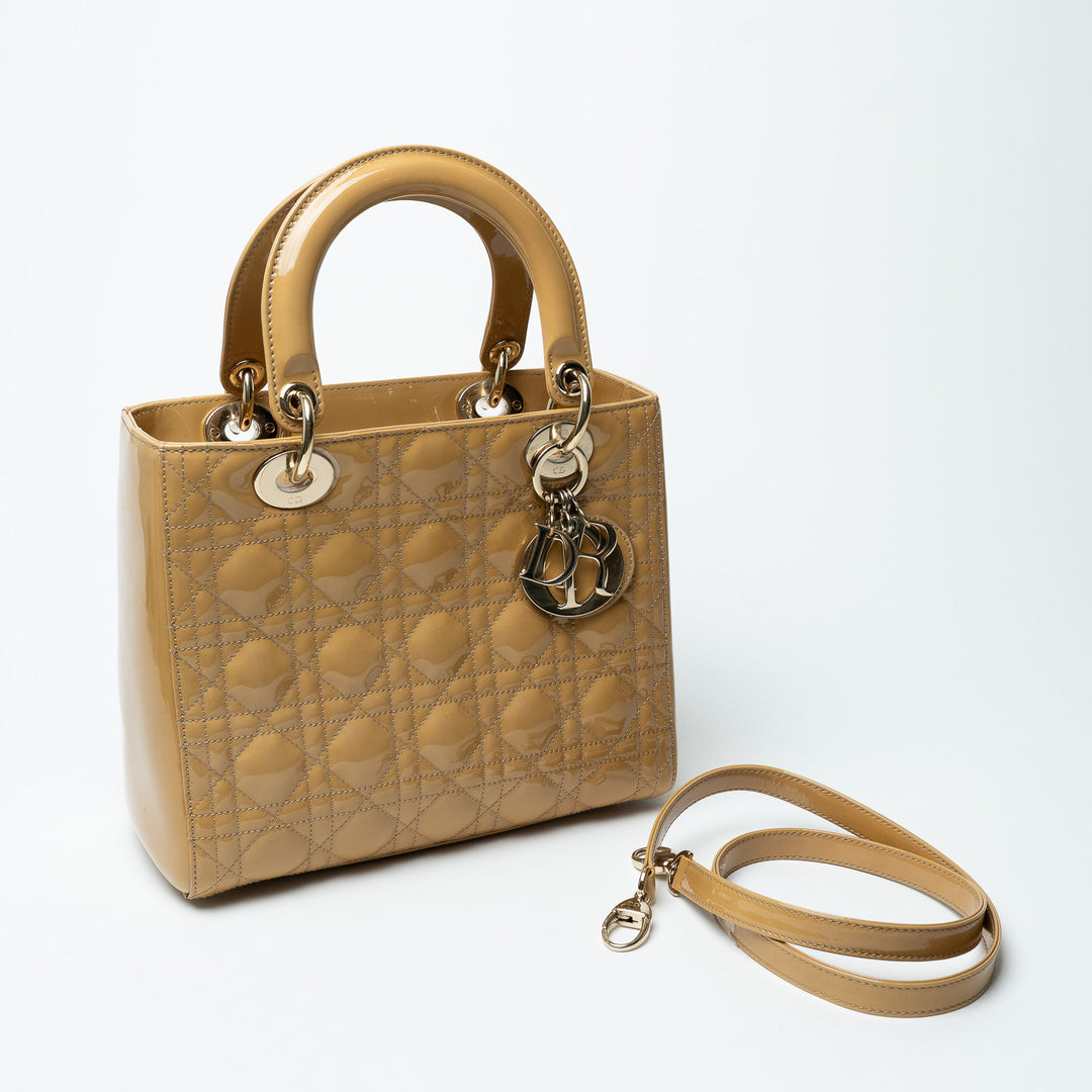 Dior Tan Patent Leather Medium Lady Dior Handbag