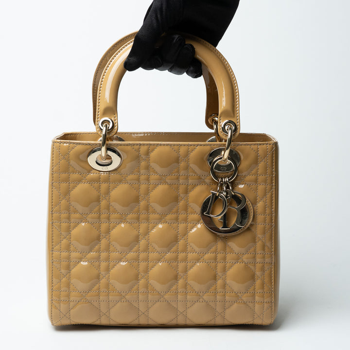 Dior Tan Patent Leather Medium Lady Dior Handbag