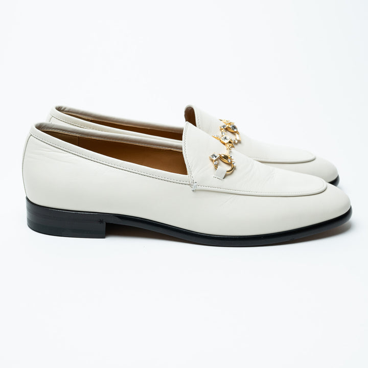 Gucci White Leather Loafers with Gold-Tone Crystal Embellished Horsebit Size 42