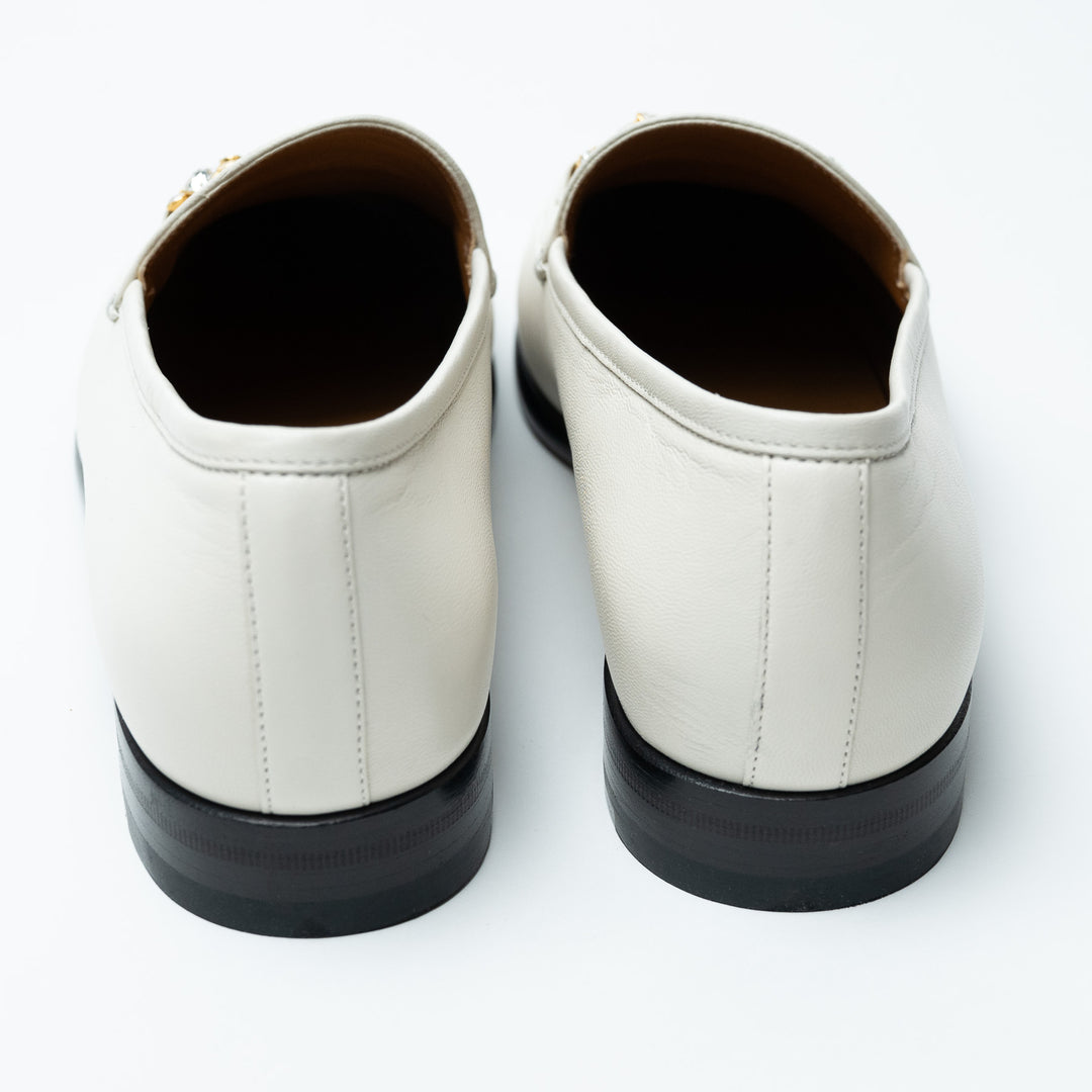 Gucci White Leather Loafers with Gold-Tone Crystal Embellished Horsebit Size 42
