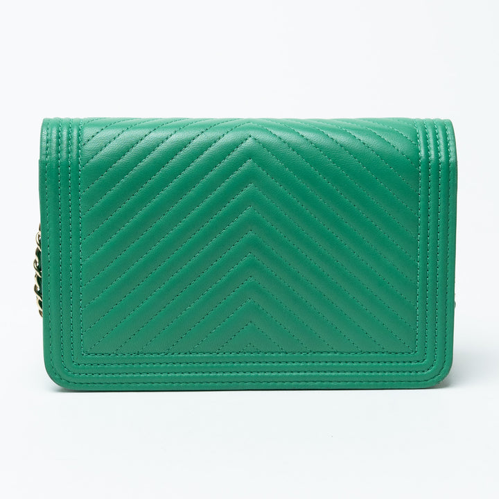 Pre-Loved Chanel™ Green Chevron Quilted Lambskin Boy Wallet on Chain