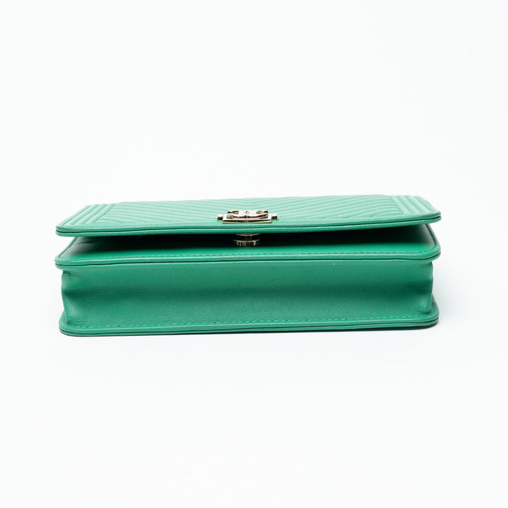 Pre-Loved Chanel™ Green Chevron Quilted Lambskin Boy Wallet on Chain
