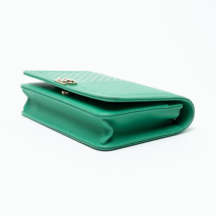 Pre-Loved Chanel™ Green Chevron Quilted Lambskin Boy Wallet on Chain
